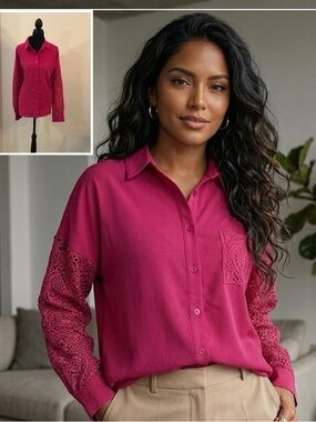 Kate & Mallory Magenta Crochet-Sleeve Button-Down Shirt